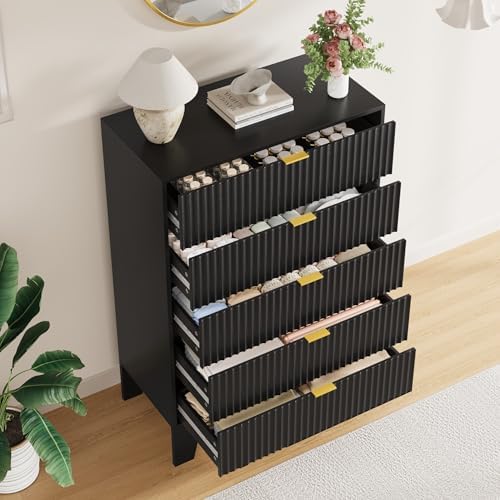 5 Drawer Dresser for Bedroom, 47" Tall Fluted Chest of Drawers, Black - Image 3