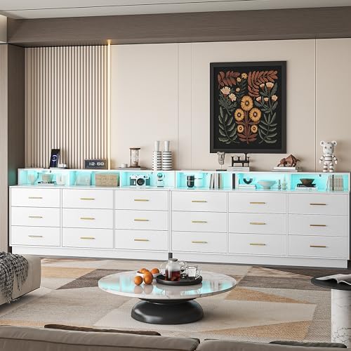 UNIQUITE White 9 Drawer Dressers for Bedroom, Modern Large Dresser with LED Light and Power Outlet, Wooden Long Dresser for Bedroom, Entryway, Hallway - Image 6