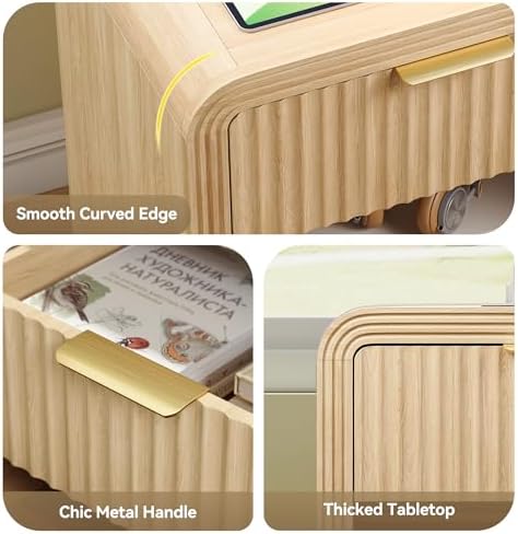 Decofy Fluted 1-Drawer Nightstand Set of 2 with Charging Station, Oak - Image 6