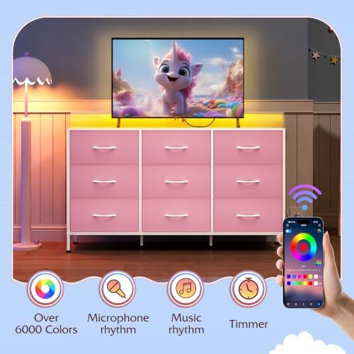 WLIVE Dresser TV Stand with LED Lights & Power Outlets for 55 Inch TV, Pink - Image 4