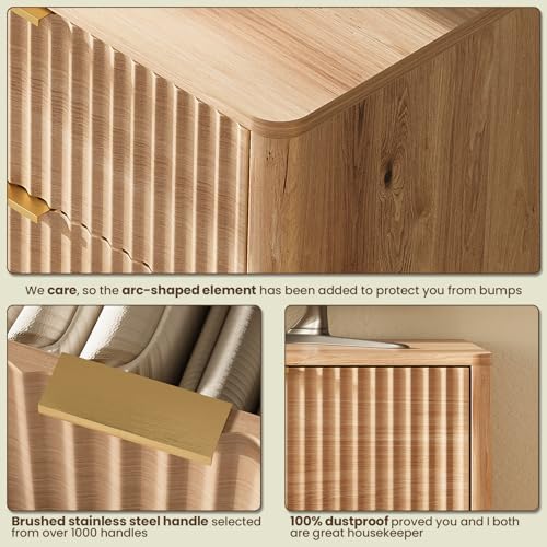 43" Hight Fluted 5 Drawers Dresser for Bedroom,Curved Edge,Oak - Image 7