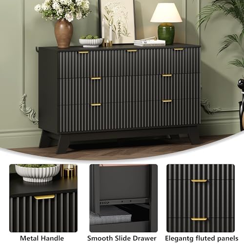 Wodeer 7 Drawer Fluted Dresser for Bedroom, Mid Century Modern Dresser with 7 Drawers, Dressers & Chests of Drawers with Metal Handle, TV Stand & Storage Organizer for Entryway, Hallway, Black - Image 5