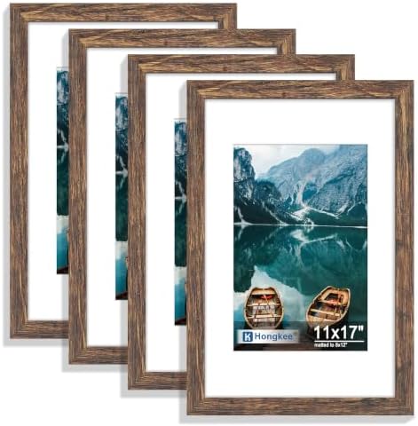 Hongkee 11x17 Picture Frame Set of 4, 11 x 17 Rustic Brown Wood(Mat 8x12) by Hongkee