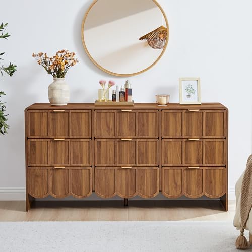ORRD 9 Drawer Dresser for Bedroom, Modern Closet Chest of Drawers with Wave Fluted Drawer, Wood Storage Small Dresser Organizer for Nursery Bedroom Living Room Hallway Closet (Walnut) by ORRD