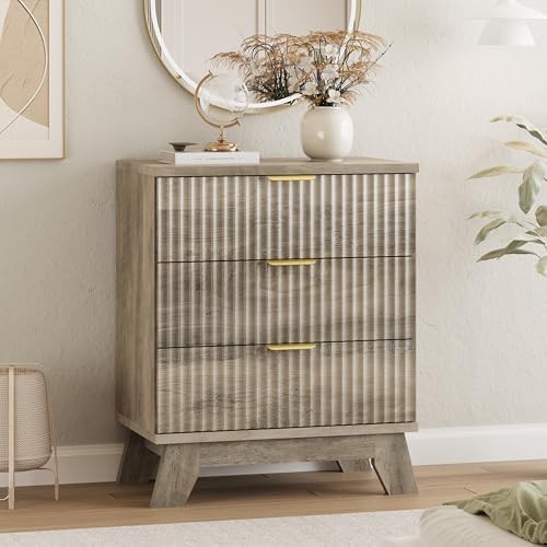 Xixini Fluted Dresser for Bedroom with 3 Drawers, 24" Wide Modern Chest of Drawers with Metal Handle, Wooden Dresser TV Stand, Wood Closet Clothes Storage Organizer for Living Room, Hallway, Grey - Image 3