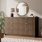 MAISONARIA 6 Drawer Dresser for Bedroom, 55" Wide Modern Chest of Drawers with Gold Metal Handles, Fluted Wood TV Stand for Living Room, Hallway, Walnut - Image 6