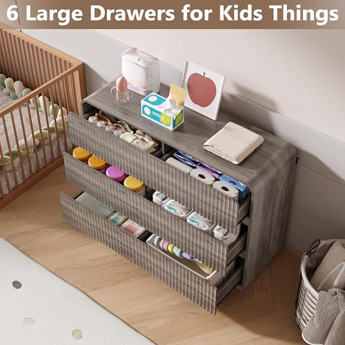 BORNOON Dresser for Bedroom with 6 Drawers, Fluted Chest of Drawers with Round Curved Corner, Hidden Handles, Modern Wood Storage Organizer for Bedroom, Nursery, Living Room - Image 3