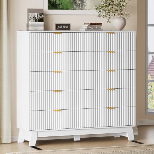 BORNOON 46" Tall Dresser for Bedroom, 10-Drawer Fluted Chest of Drawers, Modern Wood Highboy with Metal Slides and Handles, Anti-Tip Kit, Vertical Clothes Storage Organizer for Apartment, Closet by BORNOON