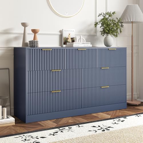 7 Drawer Fluted Dresser with Deep Drawers for Bedroom, Blue丨55 Wide Mid Century Dresser, Modern Chest of Drawers, Wood TV Stand Storage Organizer for Closet, Living Room, Hallway by Provideyouwithbestproduct%EF%BC%81