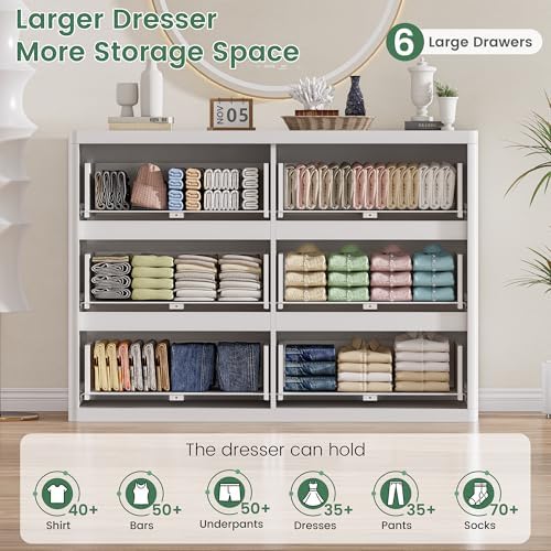 Standifurno White Fluted Dresser for Bedroom with 6 Drawers, 48" Wide Modern Curved Chest of Drawers, Wooden Dresser TV Stand, Wood Closet Clothes Storage Organizer for Living Room - Image 3
