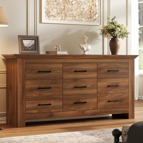 9 Drawer Dresser for Bedroom, Wood Dresser Chests of Drawers with Metal Handle, Triple Wide Dressers, Vintage Design Storage Chest Cabinet and Organizer Drawers for Closet, Hallway, Entryway, Walnut by KNOWORLD