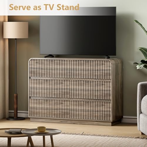 Wodeer Grey Dresser Fluted 6 Drawers Dresser for Bedroom, 47" Wide Wood Chest of Drawers with Hidden Handles & Rounded Corners, Modern TV Stand Storage Cabinet for Living Room, Hallway, Entryway - Image 3