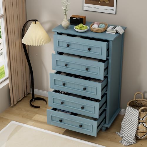 42.7'' Tall 5 Drawer Dresser for Bedroom, Vintage Blue Wood Storage Chest - Image 4
