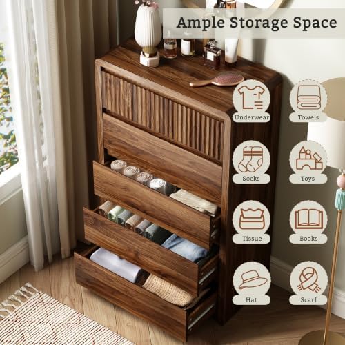 LYNSOM Walnut Fluted 5 Drawer Dresser for Bedroom, Curved Edge, 48" Tall - Image 4