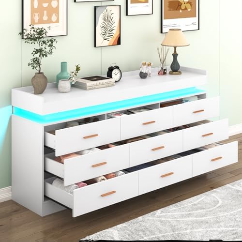 Hlivelood 9 Drawer Dresser with LED Light and Charging Station, Modern Chest of Drawers for Closet, Wide Drawer Organizer Cabinet for Bedroom, Living Room, Entryway, Hallway(9 Drawer White) - Image 4