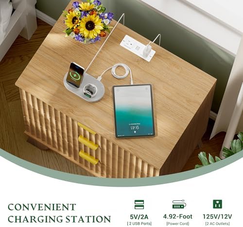 Xixini Fluted Nightstand with Charging Station, Tall Bedside Table, Oak - Image 4