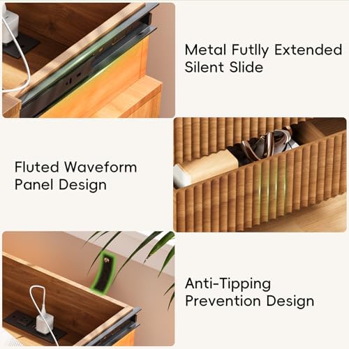Fluted LED Night Stand with Charging Station, Walnut - Image 6