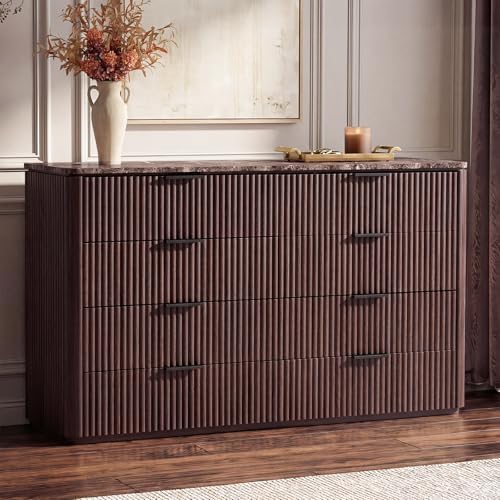 54" W Fluted 8 Drawer Bedroom Dresser, with Faux Marble Top,Dark Oak by DelArk