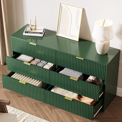 MAISONARIA Green 6 Drawer Dresser for Bedroom, 55" Wide Modern Chest of Drawers with Gold Metal Handles, Fluted Wood TV Stand for Living Room, Hallway - Image 4