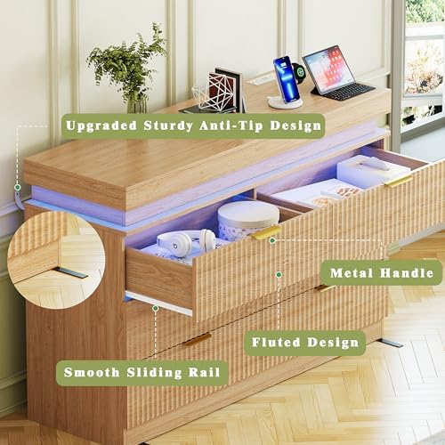 Fluted 6 Drawer Dresser LED Lights & Charging Station, Natural Oak - Image 7