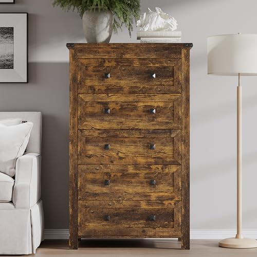 BORNOON Tall 5-Drawer Dresser, Modern Wooden Storage Chest of Drawers, Dresser TV Stand, Wood Drawer Organizer with Metal Handles for Bedroom, Living Room, Hallway - Image 3