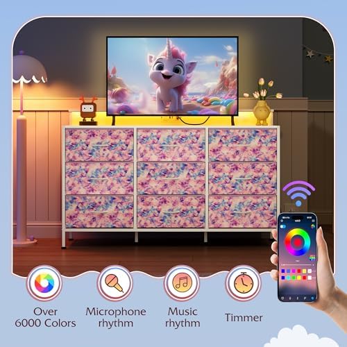 WLIVE Dresser TV Stand 9 Drawers, Fabric Chest LED Lights, Tie-dye - Image 5