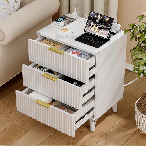 Lulive Wood 3 Drawers Dresser w/Charging Station, Modern Fluted Night Stand - Image 6