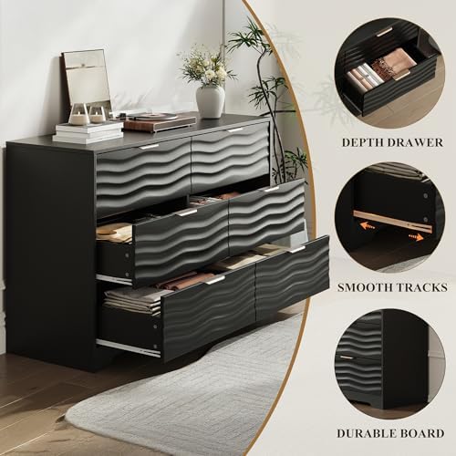MALOL Coastline Fluted 6 Drawers Dresser for Bedroom, 55" Wide Modern Chest of TV Stand Organizers with Metal Handle, Storage Wooden Dresser Drawer for Living Room, Hallway, Closet, Black Wood - Image 3