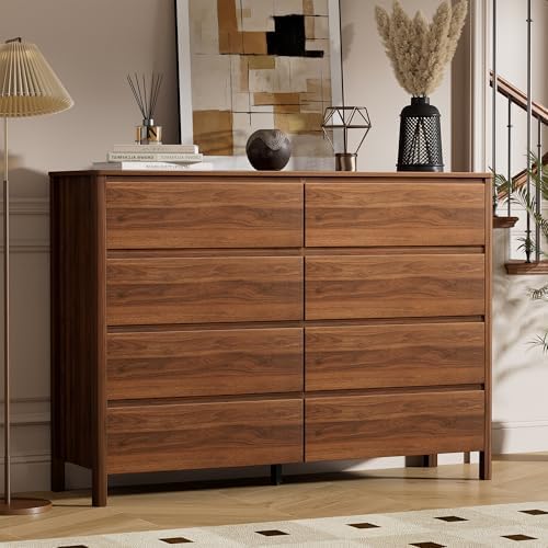 Furniway 55" Mid-Century Modern Dresser for Bedroom, 8 Drawer Wide Chest of Drawers with Wood Legs, Large Storage Bedroom Dresser, Walnut - Image 6
