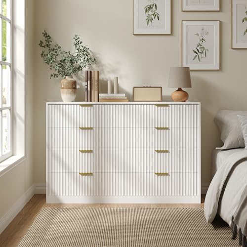 White 8 Drawer Dresser for Bedroom, 55" Wide Fluted Chest of Drawers with Gold Metal Handles, Modern Wooden Dresser, Closet Storage Organizer Mid Century TV Stand for Living Room Hallway by RESOM
