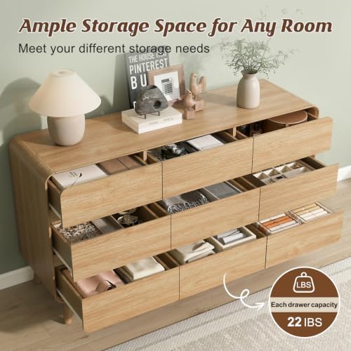 Nasonet 9 Drawer Dresser for Bedroom, 55'' Wide Modern Wood Chest of Drawers, Large Storage Drawer Dresser TV Stand, Oak - Image 4