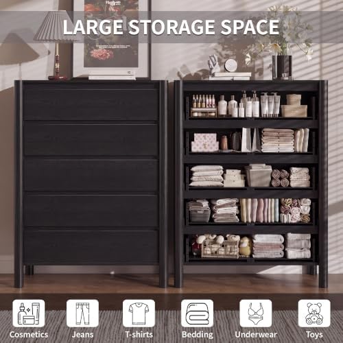 CHUWELL 45" Tall Black 5 Drawer Dresser for Bedroom with Solid Wood Legs - Image 7