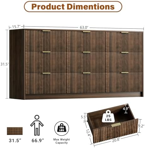 Furniway Walnut Dresser for Bedroom, Modern Dresser with 9 Drawers and Smooth Slides, Wide Chest of Drawers with Golden Handles for Bedroom, Living Room, Closet, 15.7" D x 63" W x 31.5" H - Image 2