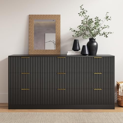 Black 9 Drawer Dresser for Bedroom, 63" Wide Modern Fluted Chest of Drawers, Wooden Dresser with Gold Metal Handles, Mid Century Large Dresser TV Stand for Living Room Hallway - Image 6