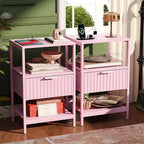 VINGLI Nightstands Set of 2 with Fabric Drawer, Pink Nightstands with Charging Station, Fluted Nightstand Pink Bedside Table/End Table for Bedroom, Night Stand Small for Kids Room, 2 pcs by VINGLI