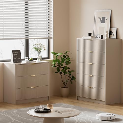 Furniway Beige Dresser for Bedroom, Modern Dresser with 5 Drawers and Smooth Slides, Wide Chest of Drawers with Golden Handles for Bedroom, Living Room, Closet, 15.7" D x 31.5" W x 47.2" H - Image 6