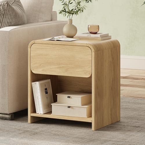 Modern Curved Nightstands Set of 2 with Open Shelf,Natural Oak - Image 5