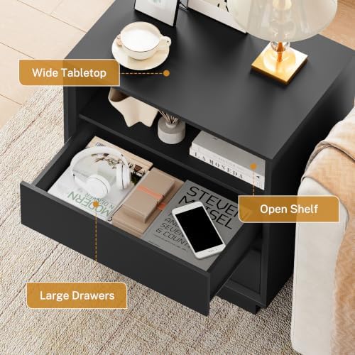 TEENFON Nightstands Set of 2, Night Stand with 2 Drawers and Open Shelf, Nightstand Side Table with Cut-Out Handle, Bedside End Table for Bedroom, Black, 17.7″ L × 15.7″ W × 23.6″ H - Image 6