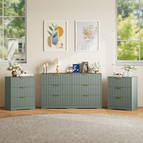 6 Drawer Dresser and Nightstand Sets for Bedroom, Modern Fluted 3 Pcs Bedroom Dresser Furniture Sets, Wood Chest of Drawers and Nightstand Set of 2 with Metal Handles, Green by METOTI