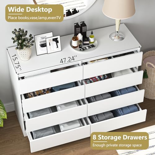 White Dresser for Bedroom,Modern Large 8 Drawer Dresser with Deep Drawer,Wide Storage Chest of Drawer,Wood Bedroom Storage Organizer Furniture,TV Stand for Living Room - Image 6