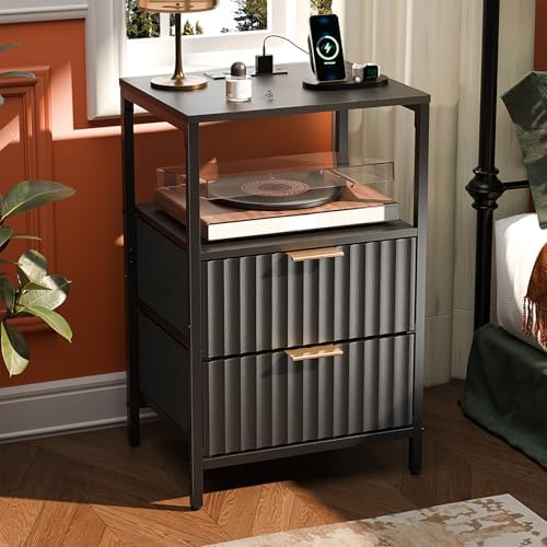 VINGLI Black Nightstand with Charging Station and Fabric Drawers, Fluted Night Stand with Drawers, Bed Side Table/Night Stand with Charging Station for Bedroom, Dorm, 14.96" W*11.81" D*23.78" H by VINGLI
