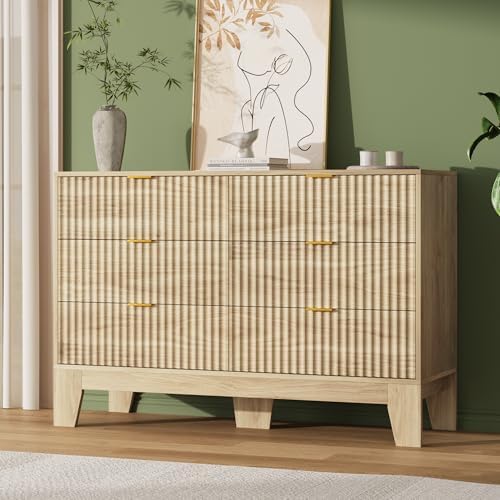GarveeHome 47.2" Wide Fluted 6 Drawers Dresser, Oak - Image 3