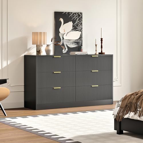 6 Drawers Fluted Dresser for Bedroom, 55" Wide Wooden Dresser with Deep Drawers, Large Floor Chest of Drawers, Modern Long TV Stand, Storage Cabinet Side Table, Black - Image 7