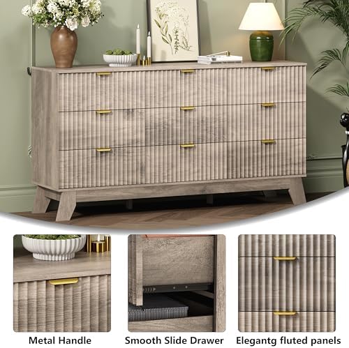 Wodeer 9 Drawer Fluted Dresser for Bedroom, Mid Century Modern Wooden Dresser with 9 Drawers, Dressers & Chests of Drawers with Metal Handle, TV Stand & Storage Organizer for Entryway, Hallway, Oak - Image 5