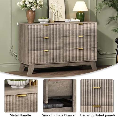 Wodeer 6 Drawer Fluted Dresser for Bedroom, Mid Century Modern Wooden Dresser with 6 Drawers, Dressers & Chests of Drawers with Metal Handle, TV Stand & Storage Organizer for Entryway, Hallway, Grey - Image 5