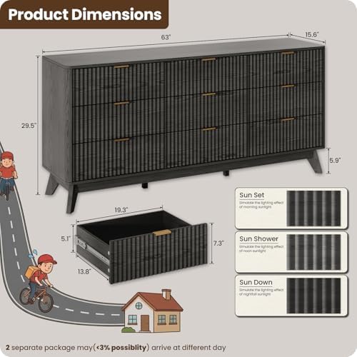 63" Wide Fluted 9 Drawers Dresser for Bedroom,Curved Edge,Black - Image 2