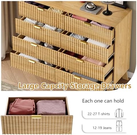 Wodeer 8 Drawer Fluted Dresser for Bedroom, Mid Century Modern Wooden Dresser with 8 Drawers, Dressers & Chests of Drawers with Metal Handle, TV Stand & Storage Organizer for Entryway, Hallway, Oak - Image 4