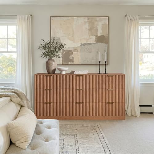 9 Drawer Dresser for Bedroom, 63" Wide Modern Fluted Chest of Drawers, Wooden Dresser with Gold Metal Handles, Mid Century Large Dresser TV Stand for Living Room Hallway Light Walnut - Image 5