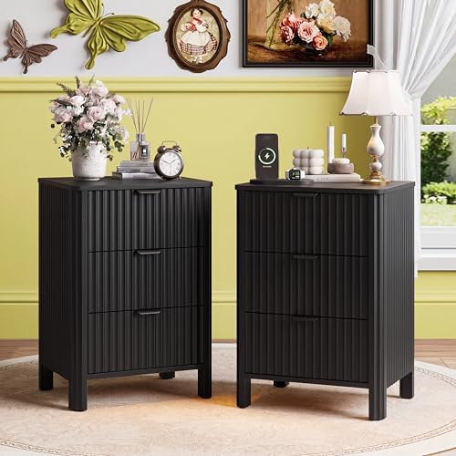 Wodeer 3 Drawer Black Dresser for Bedroom, 20" W Wood Storage Cabinet with Fluted Design, Modern Chest of Drawers for Living Room, Nursery Clothing Organizer with Metal Slides, Anti-Tipping - Image 3