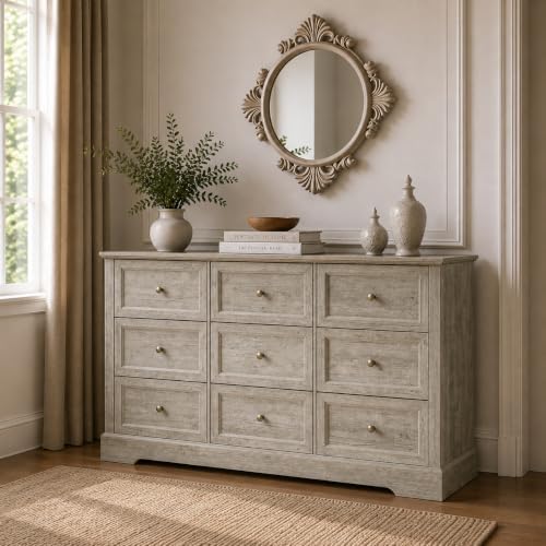 LOUVIXA Farmhouse Dresser 9 Drawer, Bedroom Chest of Drawers, Dressers with 9 Drawers, Wooden Dressers for Bedroom, Living Room, Tv Stand, Entryway(Rustic Yellow) - Image 5